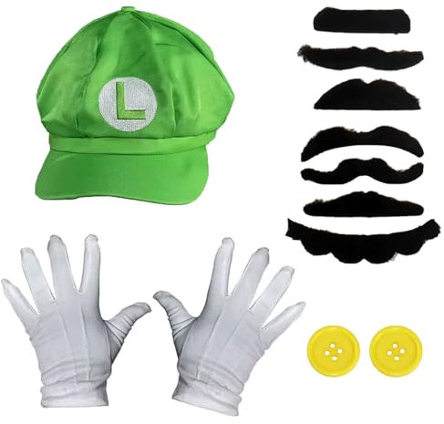 GWAWG Mar Lu Costumes Sets, Mar Hat Lui Hat Moustache White Gloves Costume Accessories Bros Fancy Dress for Adults Kids Halloween Carnival Cosplay Birthday Party (Green)
