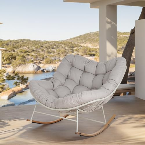 Grand patio Fauteuil à bascule de jardin, à bascule, pour salon, relaxation, avec rembourrage, charge maximale : 150 kg, pour jardin, chambre à coucher, salon, coin, véranda, gris clair (Beige)