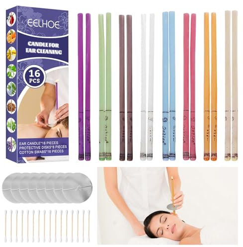 JDXun 16 Stück Ohrkerzen, 8 Farben Natürliche Ohrkerzen-Set, Duft hohle Kegelkerzen mit natürlichem Bio-Bienenwachs (8 Schutzscheiben und 16 Stück Wattestäbchen)