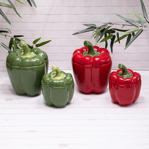 Annibells Red and Green Pepper Ceramic Storage Jars Canisters with Lids (Green, Small)