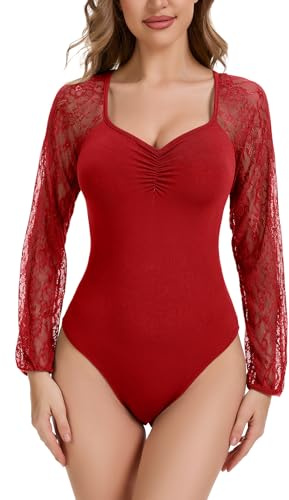 WOWENY Body de manga larga para mujer elegante y sexy, con mangas de encaje, body tradicional para mujer, body de manga larga, body para mujer, top, rojo, L
