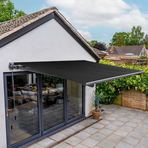 JSH 3m x 2.5m Manual Awning | Garden Patio Canopy Sunshade Shelter | Retractable Comes Complete with Fittings & Crank Handle | Charcoal Black