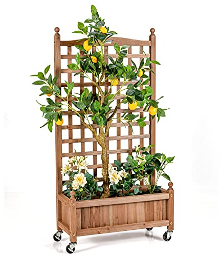 HOMASIS Fioriera Rialzata con Grigliato in Legno, Fioriera con Spalliera con Fori di Drenaggio, Vaso Rettangolare per Piante Rampicanti, Verdure, Erbe (64 x 28 x 127 cm, con Ruote)