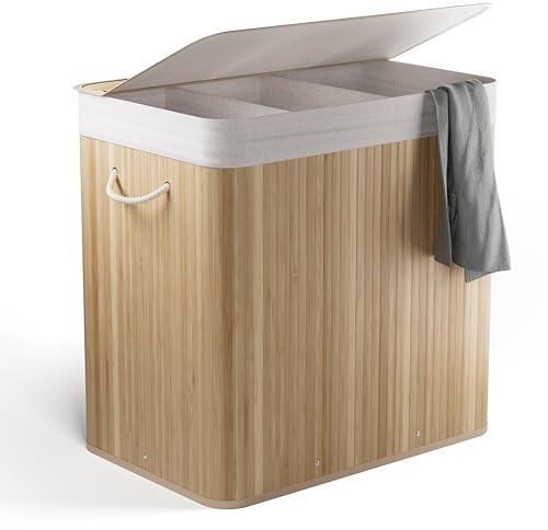 NewHabitat Bambus Wäschekorb 3 Fächer – 150L Wäschesammler mit Deckel & herausnehmbarem Sack – Wäschetrennung, Tragegriffe, stabil & dekorativ für Bad & Schlafzimmer (Bambus)