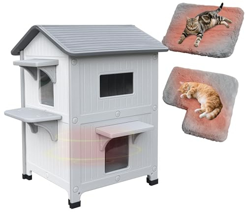 Niche pour chats extérieure à 2 étages avec tapis, maison pour chats en plastique, niche résistante aux intempéries et isolée pour chats d'extérieur avec porte de secours, tapis de couchage et toit