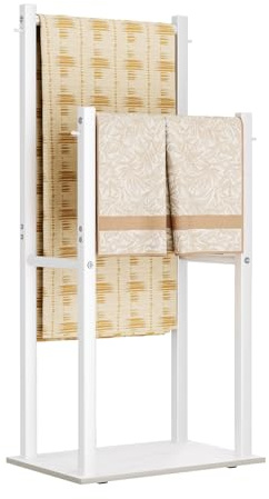 Yawinhe Porte Serviettes, Porte-Serviettes sur Pied avec 2 Barres, Accessoires de Salle de Bain, pour Serviettes de Bain,Vêtements, 39x26x80cm, Blanc, SMJ002W-