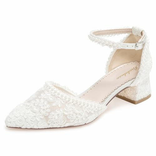 Bridaluxe 1601 Women’s Closed Toe Wedding Shoes 1.77 Inch Low Block Heel Lace Pearl Ankle Strap Bridal Pumps Color Ivory,Size 6.5 UK/40 EU