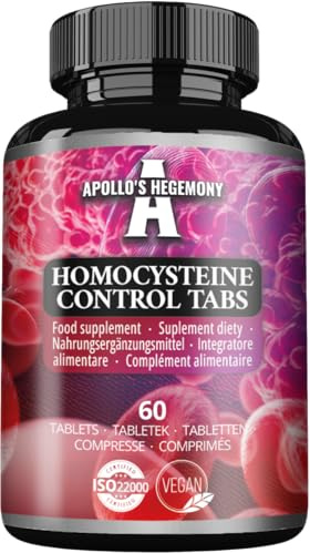 Homocystein-kontroll – B-vitaminkomplex – 60 veganska tabletter | 240 portioner – homocysteinmetabolism & röda blodkroppar – från Apollo’s Hegemony