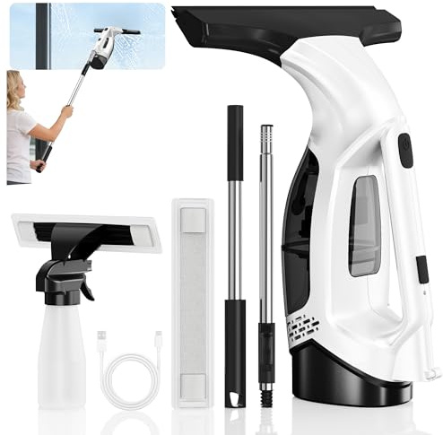 Aixiqee Window Vacuum Squeegee with Extendable Pole 31-40, 2000Pa Electric Window Cleaning Tool with 2200mAh and 150ml Dirty Water Tank, Long Handle Squeegee for Shower Glass, Window Cleaning (White)