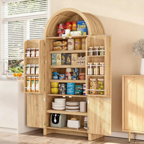 VENDORZ Arched Cabinet, 71 Tall Arched Kitchen Pantry Storage Cabinet with Doors, Modern Fluted Kitchen Storage Cabinet with Adjustable Shelves, Natural Cupboard for Kitchen, Dining Room, Bathroom