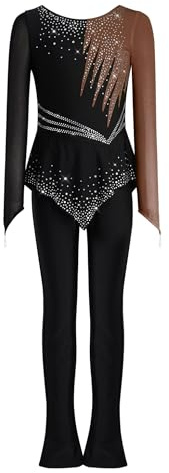 Nyeemya Ganzkörperanzug Mädchen Turnen Kinder Lang Voltigieranzug Strass Glitzer Tanzanzug Farbblock Patchwork Tanzoverall Jumpsuit Mit Rock Eislaufkostüm Braun 146-152