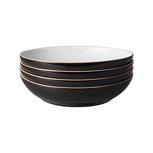 Denby - Elements Black Pasta Bowls Set of 4 - Dishwasher Microwave Safe Crockery 1050ml 22cm - Black, White Ceramic Stoneware Tableware - Chip & Crack Resistant