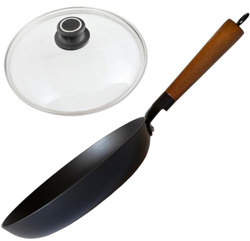 BAF induktive Pfanne Ø 28 cm mit Deckel (Set) - hoher Rand - große Bratpfanne Induktion beschichtet aus Gusseisen mit Holzgriff