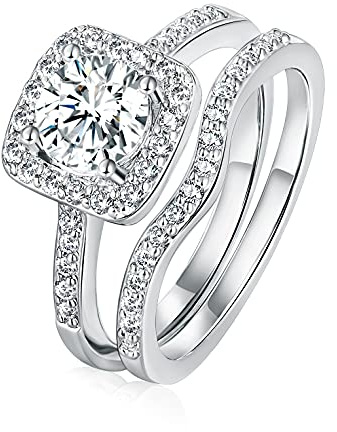 Gemsme 18K White Gold Plated Two-in-One Wedding Engagement Eternity Rings Halo Cubic Zirconia Bridal Rings Set 7.5