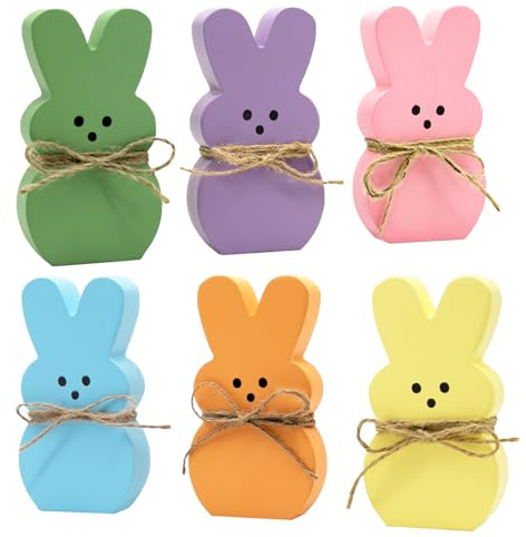 DAZONGE Easter Decorations - 6PCS Wooden Bunny Peeps Signs for Mantel Table Shelf Tiered Tray Decor - Easter/Spring Decorations for Home