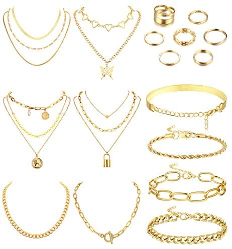 Kakonia 17 Stück Schmuck Set: Ketten, Armbänder, Ring, Layer Chain Halskette Gold Silber Verstellbar für Damen Mädchen - Gliederkette, Modeschmuck Hip Hop Set