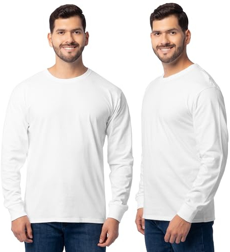 Fruit of The Loom Men's Eversoft Cotton T Shirts, Breathable & Moisture Wicking with Odor Control, Sizes S-4X, Long Sleeve-White Ice