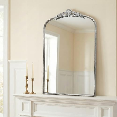 Micasso Vintage Traditional Silver Mirror: 36x24 French Baroque Antique Mirror - Ornate Decorative Arched Mirrors for Wall/Bathroom/Entryway/Fireplace/Hallway - Home Decor for Living Room