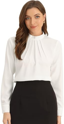 Allegra K Blusa de gasa con cuello alto para otoño e invierno para mujer, camisa de trabajo casual de negocios de manga larga, blanco, S