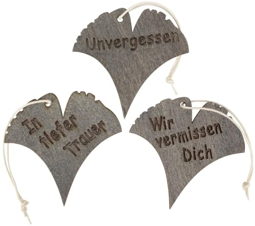 matches21 Anhänger Ginkoblätter aus Holz - Hänger für Grabgestecke in grau - Deko für Trauergeschenke für die Hinterbliebenen 3er Set 13,7 x 6,6 cm