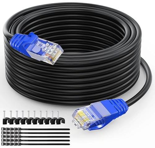 Aimyzii Cat6 ethernet-kabel för utomhusbruk, robust och vattentät, UV-beständig, RJ45-anslutningskabel, stöder Cat6, Cat5E, Cat5, innehåller 25 buntband och 50 kabelklämmor