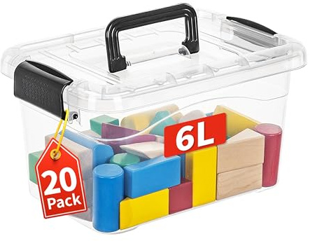 Cetomo 6L*20 Scatole Portaoggetti, Contenitori in Plastica con Coperchi e Maniglie, Impilabili e Nidificabili per Casa, Dormitorio e Ufficio, Trasparenti, 6L-20 Pezzi