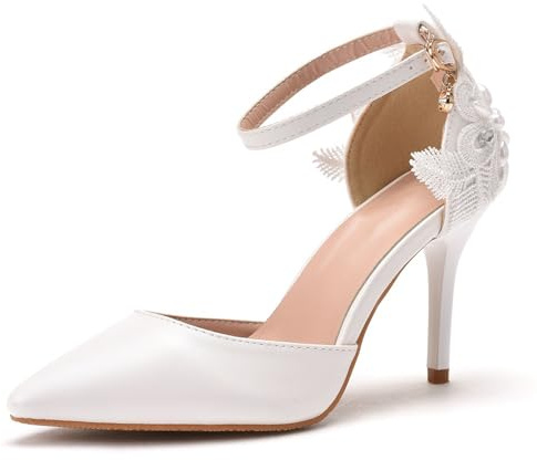 LYAHVGU Scarpe da Sposa da Donna, Décolleté a Punta con Fibbia a Spillo con Fiori Bianchi Eleganti in Pizzo da 9 cm, Matrimonio, Festa, Sera, Abito Quotidiano, Ufficio, Principessa, Sandali da Sposa