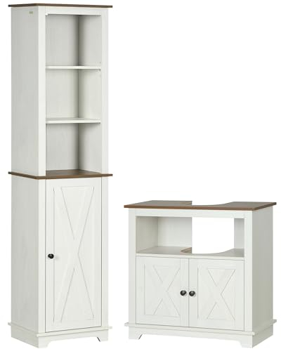 kleankin Conjunto de Baño Juego de Columna de Baño con Estante Ajustable y Mueble para Debajo del Lavabo con 2 Puertas Antivuelco 39,5x30x160 cm 60x30x60 cm Blanco