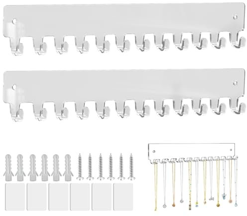 xyuayamz Portacollane da Parete, Porta Collane da Appendere, Appendi Collane con 12 Ganci, Espositore Gioielli per Collana, Anelli, Bracciali, Orecchini, Acrilico, 2 Pezzi, Trasparente