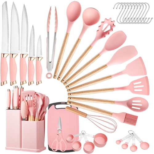 LSFCHUJU 37 PCS Kitchen Utensils Set, Silicone Cooking Utensils Set with Knife Set and Holder, Wooden Handle Kitchen Tool Set(Pink)