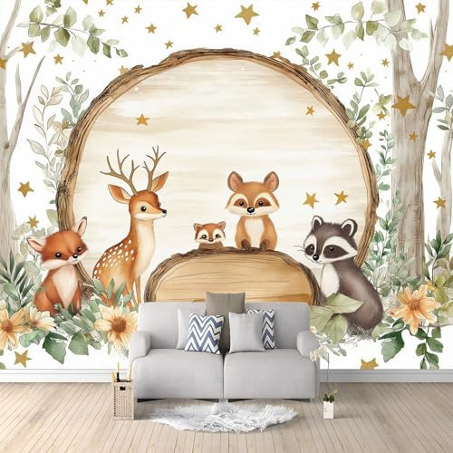 Papier Peint Panoramique Dessin Animé Animaux Forêt Marron Orange 200 X 140 Cm(Wxh) Poster Géant Mural 3D,Décoration Murale Premium,Pour Salon,Chambre Adulte,Chambre D'Enfants & Bureau