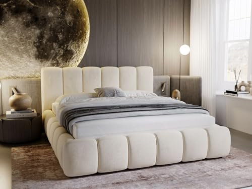GRAINGOLD Cloud Bett 140x200, Polsterbett mit Bettkasten, Polsterbett mit Stauraum, Samt, mit Lattenrost, mit Kopfteil, ohne Matratze (Beige, 140x200)