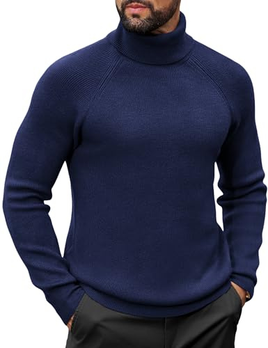 COOFANDY Maglione Uomo Collo Alto Dolcevita Slim Fit Invernale Caldo Maniche Lunghe Pullover Basic Casual Elegante Blu Navy XXL