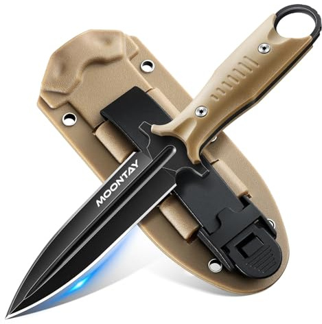 Moontay Outdoor-Campingmesser mit K-Scheide, schwarz beschichtete Edelstahl-Überlebensmesser für Camping, Bushcraft, Jagd, Feststehende Klinge, durchgehende Klinge, Gürtelclip und Paracord-Öse, Beige