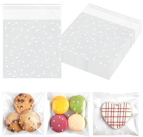 100pcs White Dot Cellophane Bags 10 x 10cm,Self Adhesive Small Plastic Packaging Self-Seal Translucent Cookie Bags Clear Cellophane Bags Dot Opp Sweet Bag for Cookie Chocolates Biscuit Sweets Candy