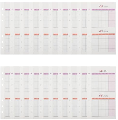 GLEAVI Recambios de Agenda A6 de 20 Hojas, Insertos de Calendario Mensual Doble Cara, Papel Planificador de Presupuesto sin Fecha, Compatible Carpetas de Anillas, para Oficina, Escuela