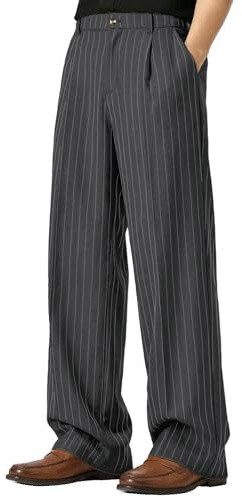 FEDTOSING Mens Pinstripe Casual Trousers Old Money Wide Leg Baggy Pleated Slacks Elastic Wasist Loose Fit Work Pants