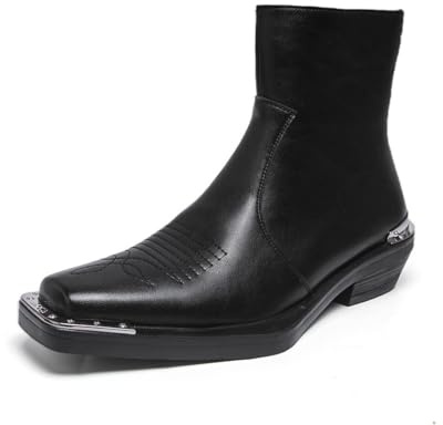 JHYUUKAU Botas Western para Hombre Botines de Punta Cuadrada | Punta Metálica Estilo Punk Rock Cuero Sintético Cremallera Zapatos Vestir Vintage