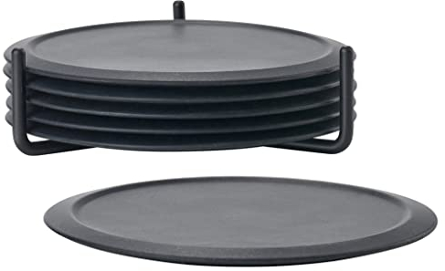 Zone Denmark Singles Glasuntersetzer aus Silikon, Untersetzer für Gläser, Tassen, Cocktailgläser, Durchm. 10 cm, Höhe 3,1 cm, 6 Stück, inkl. Halter, Schwarz