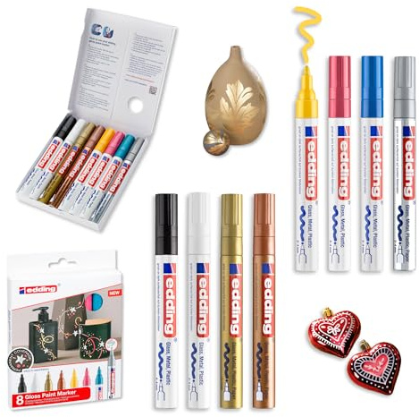 Edding 750 gloss paint marker - black yellow pink light blue white gold silver copper - 8 paint markers - round nib 2-4 mm - paint pen for glass pebbles wood plastic paper - waterproof, high coverage
