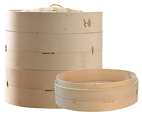 LTLWSH Panier Vapeur Bambou, Cuit Vapeur en Bambou, Cuiseur Vapeur Bambou pour Le Riz, Les dim sum, Les légumes, Le Poisson et la Viande, 3 Etages et Couvercle- pour la Cuisson de Boulettes Riz,28cm