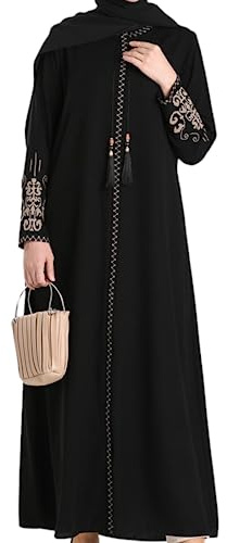 istanbul styles Abaya mit bestickten Ärmeln für Damen, langärmelig, bodenlang, türkisch-islamische Mode (DE/NL/SE/PL, Alphanumerisch, M, Regular, Regular, Schwarz)