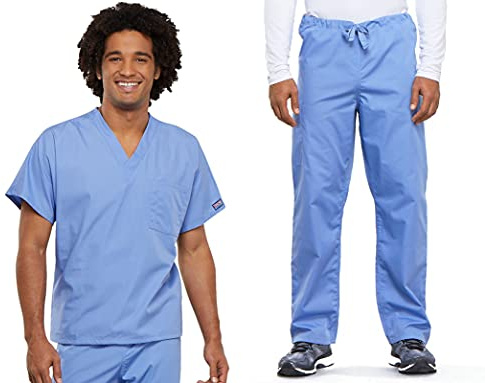 Cherokee Scrub Set for Men and Women from, Traditional Fit V-Neck Top 4777 with Natural Rise Drawstring Cargo Pant 4100, Ciel- L Top/L Pant