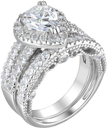 SweetJew 2.75ct Cubic Zirconia Women's Wedding Rings Silver Plated | Bridal Set 14k White Gold & Silver Plated Pear Drop Cut AAAAA CZ Engagement Anniversary Size H-Z