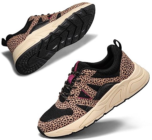 LUCKY STEP Freizeit Sneaker für Damen, Plateau - Klassische Walking Tennis Reisen Turnschuhe, Farbenfrohe Chunky Sneaker (Schwarz/brauner Leopard, 11US-42EU-9UK)