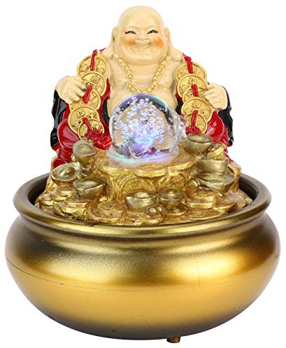 Desktop Fountain Flowing Water Makes Money Ornament Crystal Ball Landscape Decor Crafts Waterfall Led Creativity Decorative Ornaments Fountain (13037 Gold US Plug 110V)