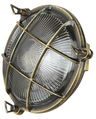 Lámpara de pared exterior de latón y cristal en estilo antiguo IP64 para balcón y jardín, 21 cm de diámetro, E27, redonda con rejilla, estilo marítimo rústico, SERIFOS