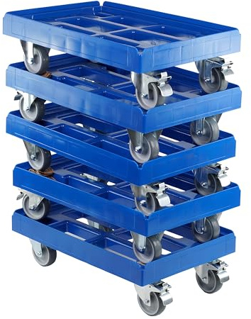 5 Stück Transportroller für Kisten 60 x 40 cm mit 2 Bockrollen und 2 Bremsen in blau