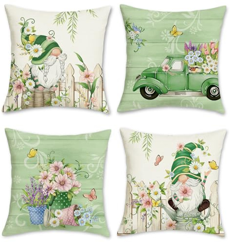 Bonhause Spring Floral Cushion Covers 45 x 45 cm Gnomes Flowers Leaves Truck Green Decorative Pillow Covers for Sofa Bed Home Garden Decor Set of 4