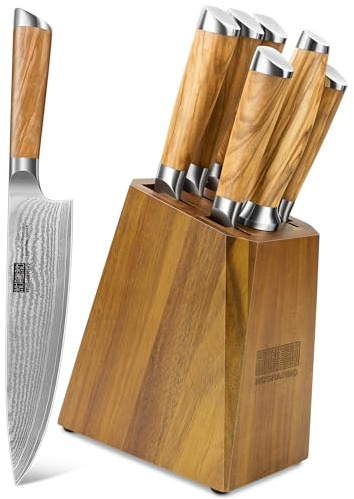 HOSHANHO Damascus Kitchen Knife Set with Block, 7 Pieces Professional 10Cr15CoMoV Damascus Super Steel Cooking Knife Set with Ergonomic Handle